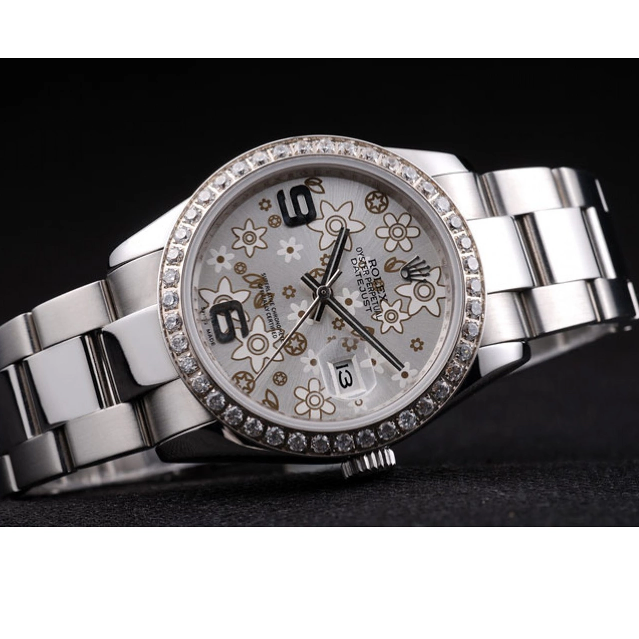 MiroTime 0806 Rolex Datejust Stainless Steel Silver Flowers Dial Diamond Plated rl305